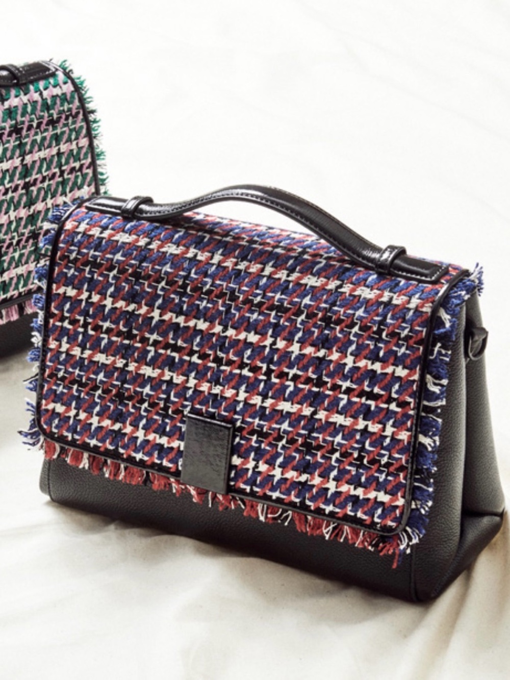 COURONNE Tweed Top-Handle Satchel in Navy, Red & White